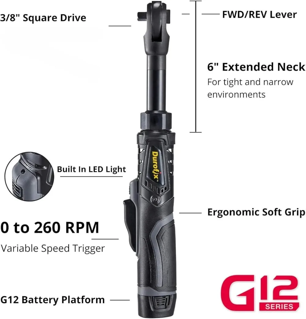 طقم مفاتيح ربط بسقاطة ممتدة 12 فولت 3/8 بوصة مع عزم دوران 60 قدم رطل وإضاءة LED وحقيبة قماش