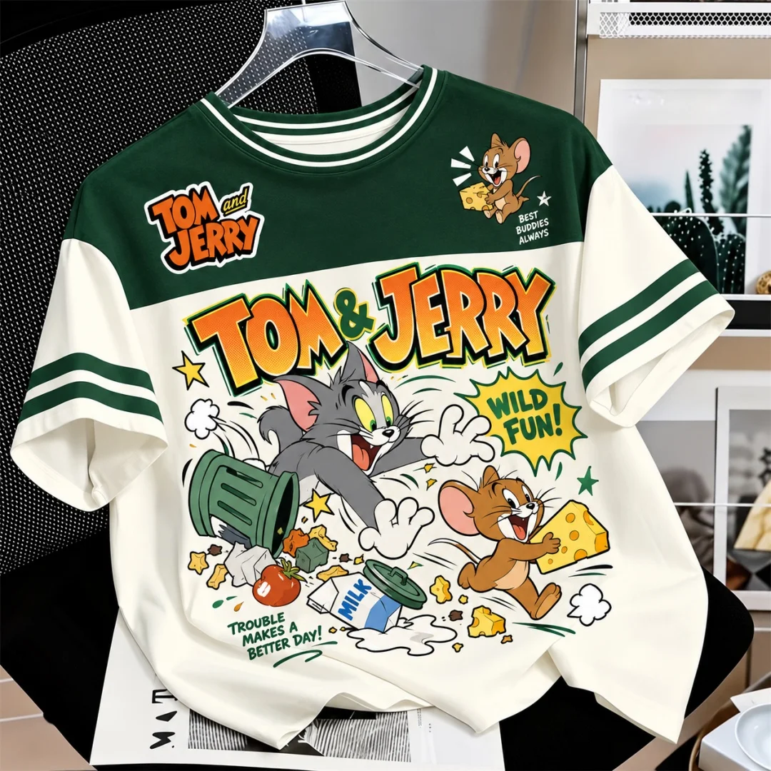 Tom & Jerry Grafik-T-Shirt für Herren und Damen, Vintage-Cartoon-Print, gestreifte Ärmel, Farbblock-Design, kurzärmelig, Alltags-T-Shirt, Kinder-T-Shirt – Detail 4