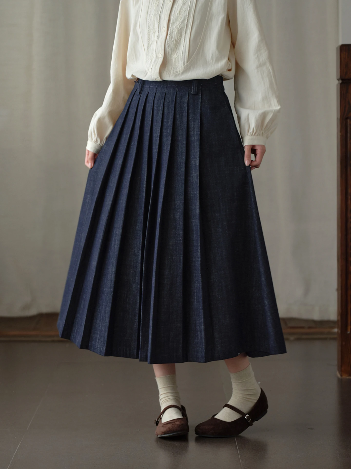 Original Qingdai Pure Cotton Denim Half Skirt Women's Mid-Length A-Line Skirt Autumn New Style Hand-Ironed Pleats Side Zipper