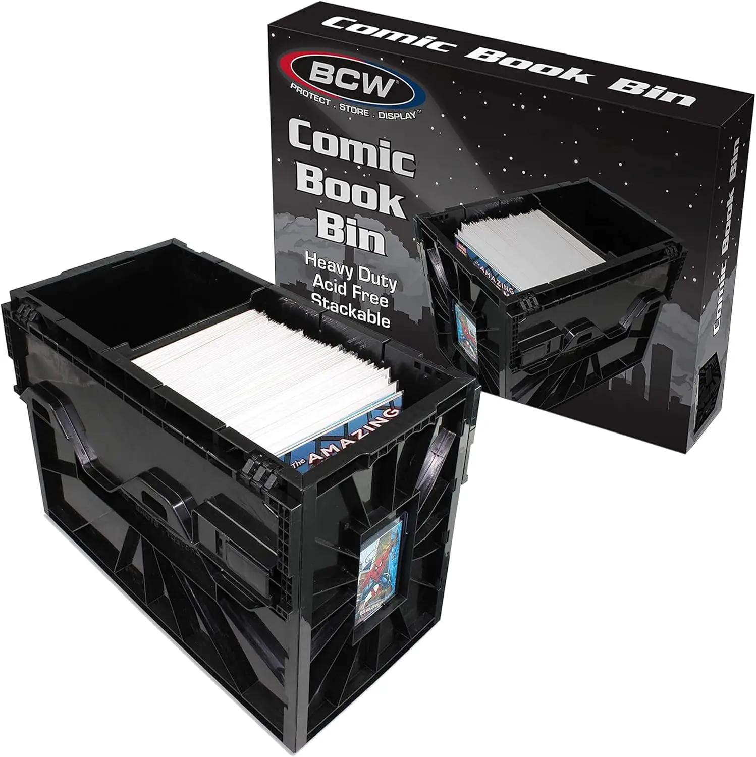 

Comic Storage Bin, Holds 150 Comics, Acid-Free Plastic, Stackable with Partition for Organization