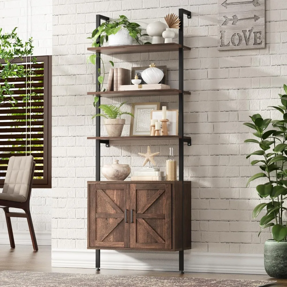 

Bookshelf with Cabinet, 6 Tier Wall Mount Ladder Bookcase with Farmhouse Cabinet, Tall Open Ladder Shelf