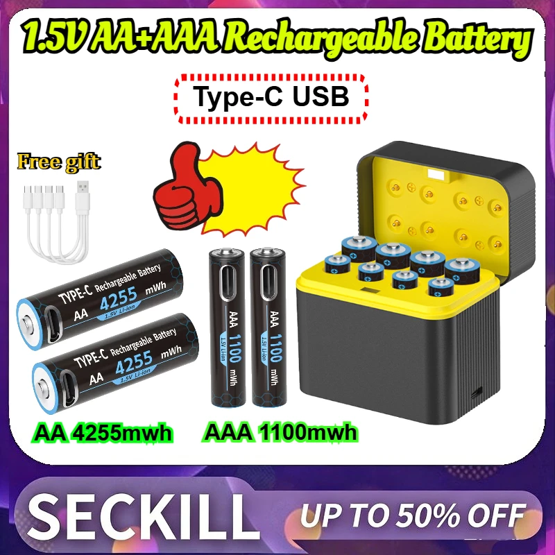 

1.5V Constant Voltage Type-C Port Rechargeable Lithium Battery with Light, AA/AAA Neutral Fast-charging Batteries + Charger
