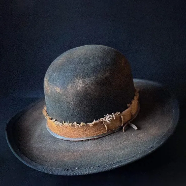 Fashionable Distressed Style Pure Wool Hat, Vintage Wool Felt Hat with Oval Top and Ribbon Decoration
