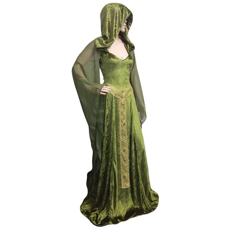 Halloween Forest Elf Fairy Elven Costume Maxi Dress Adult Women Medieval Celtic Princess Pagan Witch Wedding Hooded Gown Robe