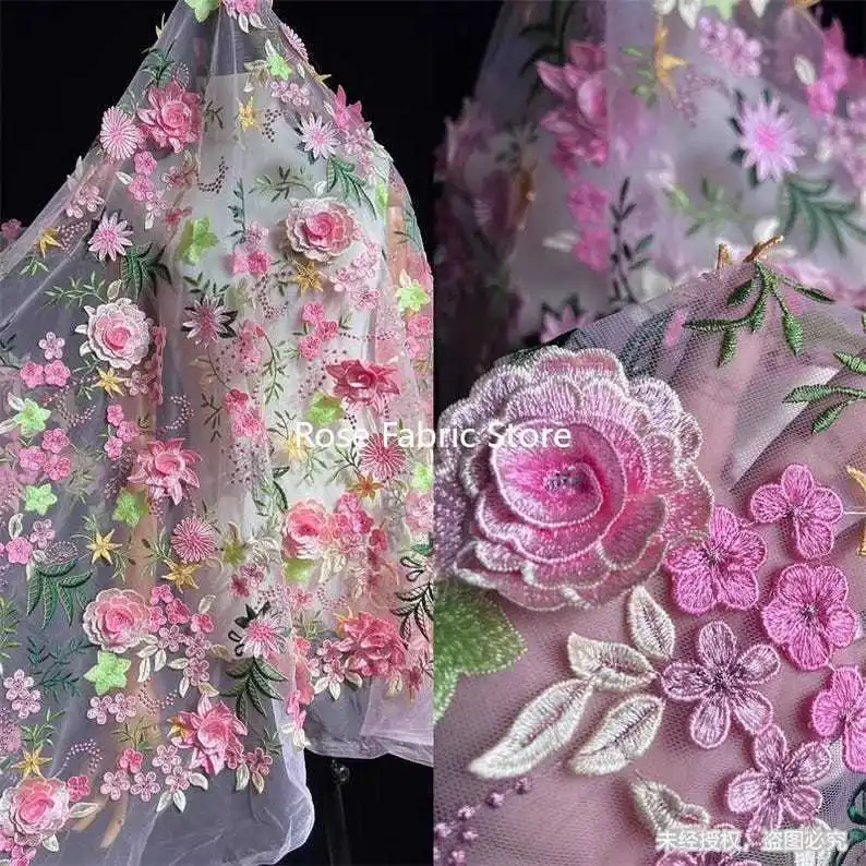 

Pretty Beautiful Pink Flower Embroidery Fabric, Leave Floral Lace tulle for Wedding Gown, Party Dress, Garden Dress