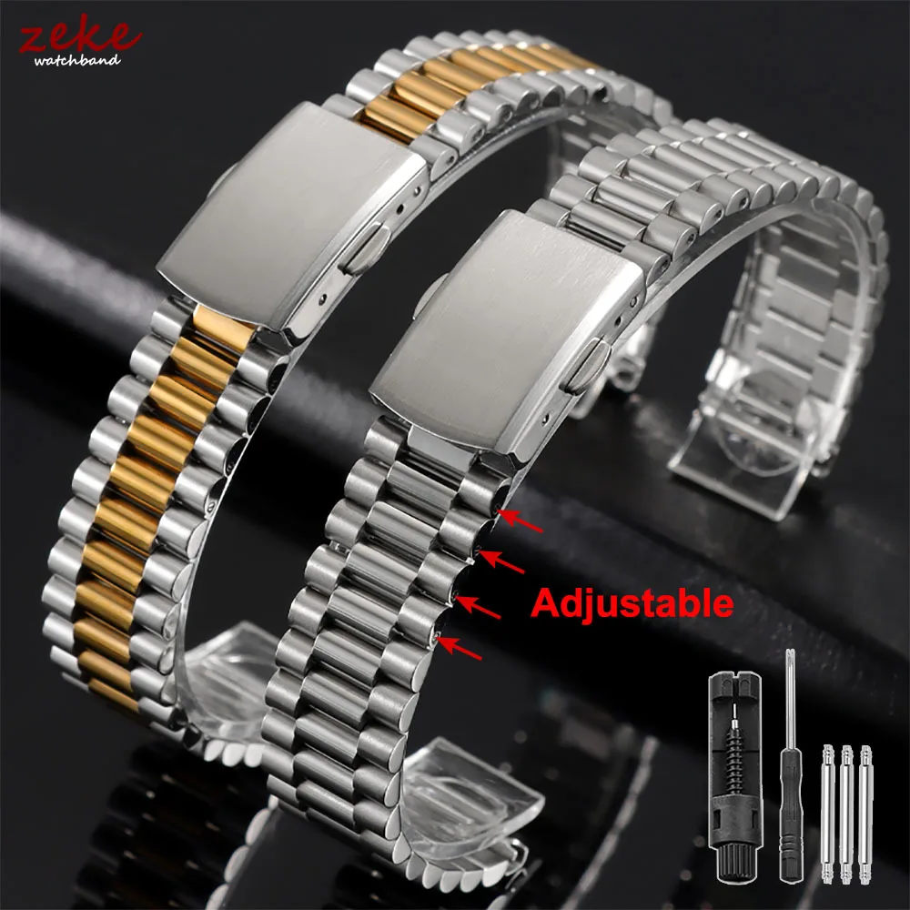 Silber-Gold Massives Edelstahl-Uhrenarmband 10mm 12mm 14mm 16mm Universelle Uhrenbänder Lässiges Metall-Doppelverschluss-Uhrenarmband