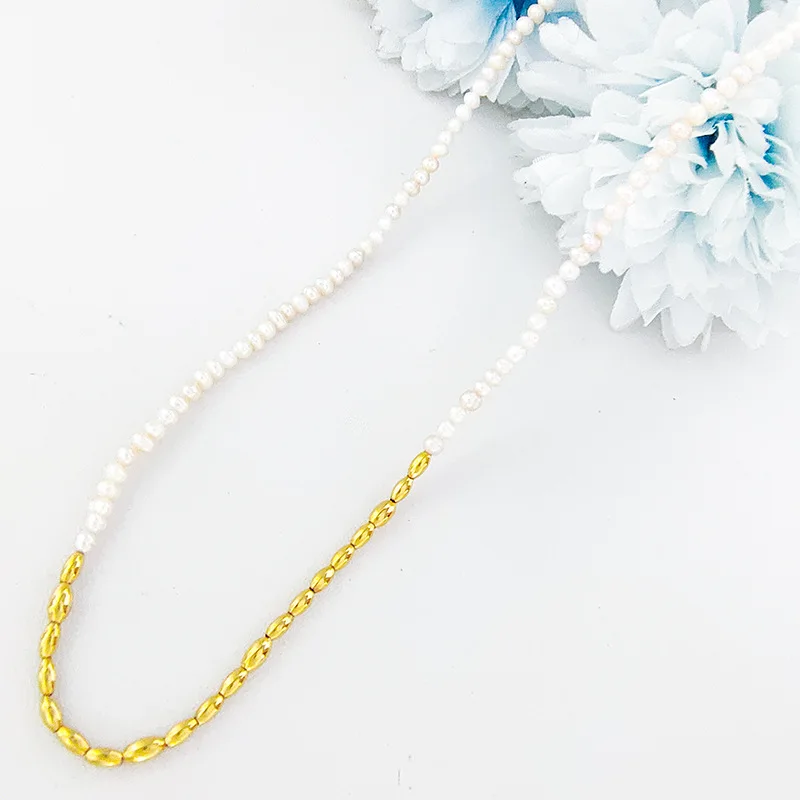 Light Luxury Natural Freshwater Rice Bead Necklace Stacked with Personalized Metal Bead Contrasting Color Clavicle Chain Versati