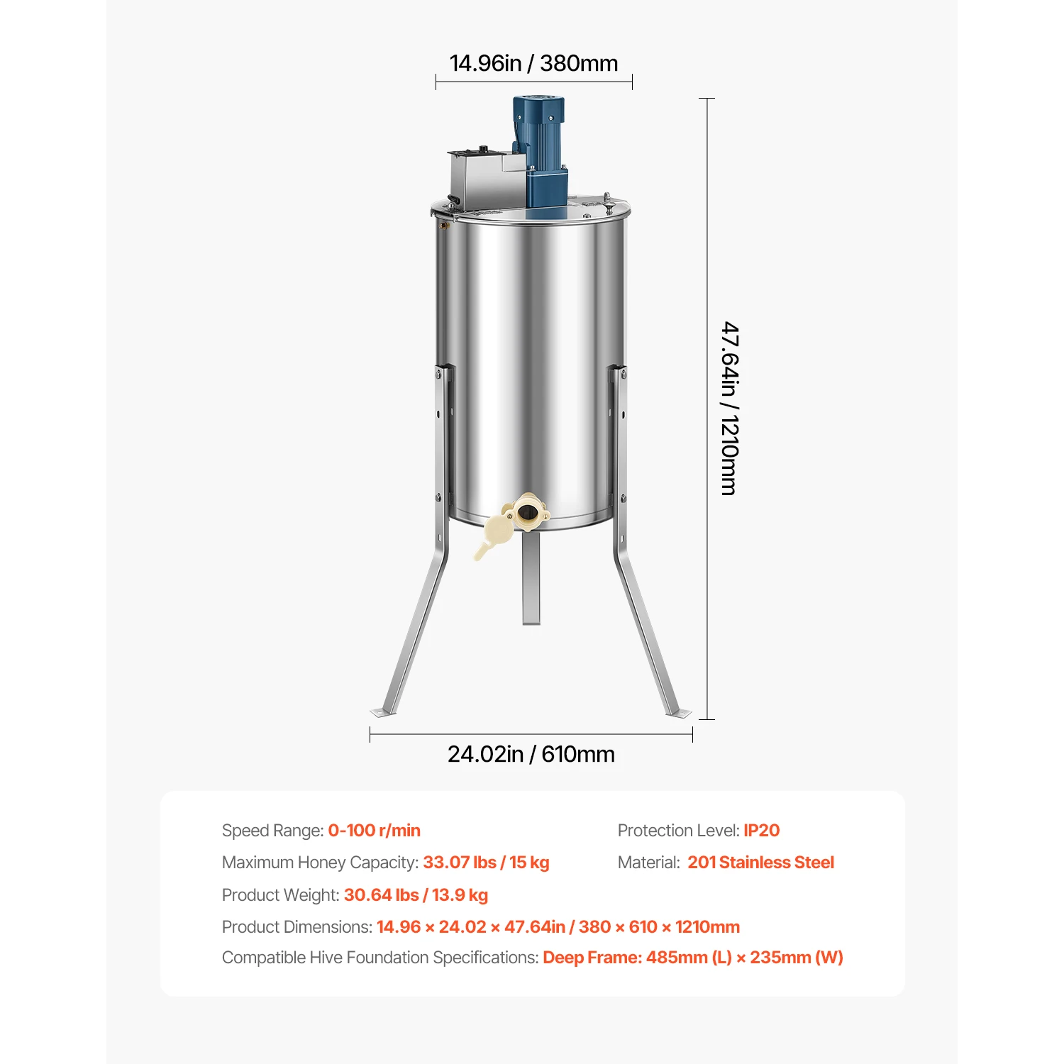 SucceBuy 3-frame elektrische honingextractor met transparant deksel, 140 W honingraat-trommelspinner, hoogteverstelbaar voor imkerij