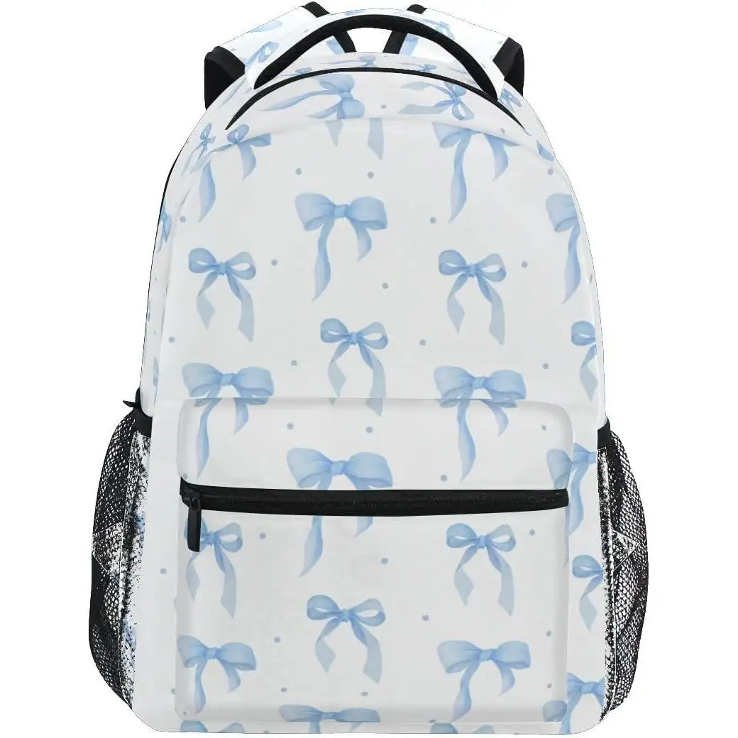 

White Light Blue Bow Print Backpack Cute Watercolor Pattern School Bag Casual Daypack For Girls Kids Students Travel Daily Use