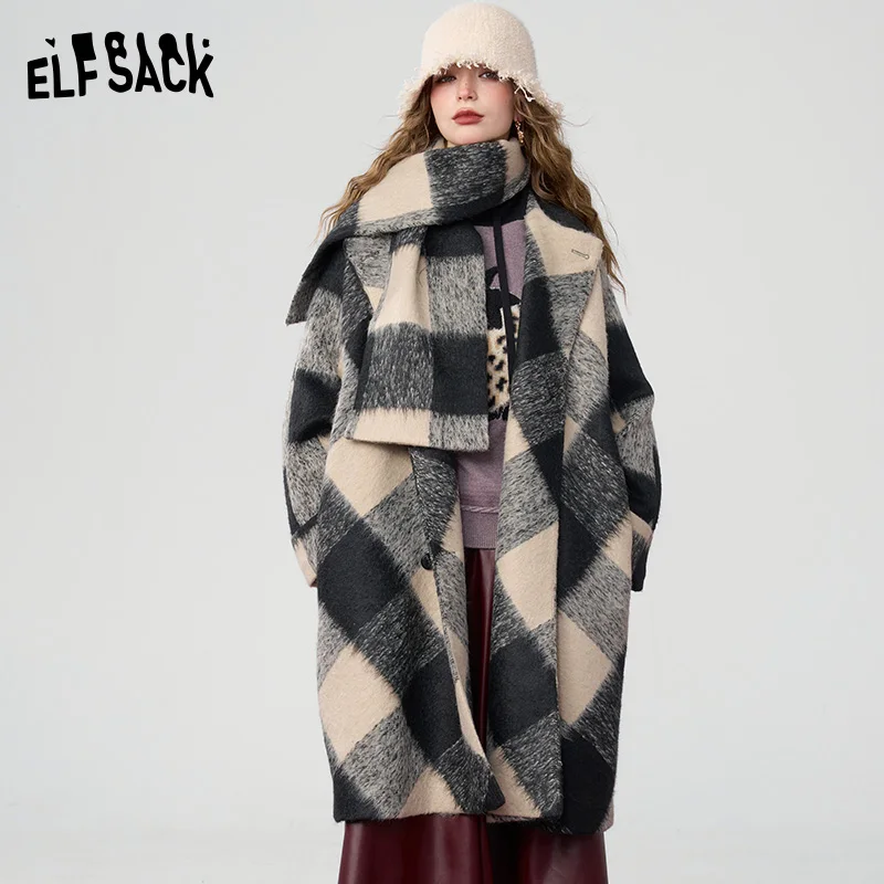 ELFSACK-Veste Longue Épaisse Décontractée à Carreaux Noir et Blanc, Nouvel Arrivage Hiver 2024