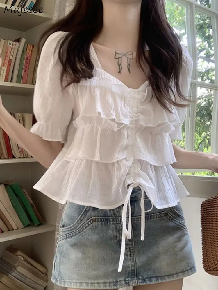 

White Blouses Women Tiered Sweet Summer Gentle Girlish French Style Thin Literary Pure Aesthetic Lace-up Designed Vintage Tops