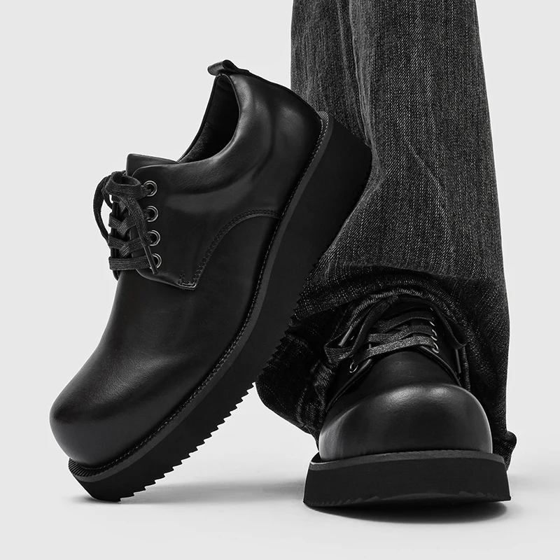 Men Black Round Toe Thick Soled Derby Shoe Are Simple Height Increasing Non Slip Flat Bottomed Suitable for Daily Commuting Wear