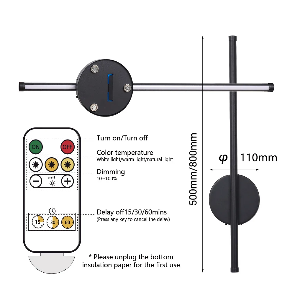 Recarregável 50cm/80cm luz de parede sem fio led arandela interna moderna ao lado da noite lâmpada para o quarto controle remoto 1pcs