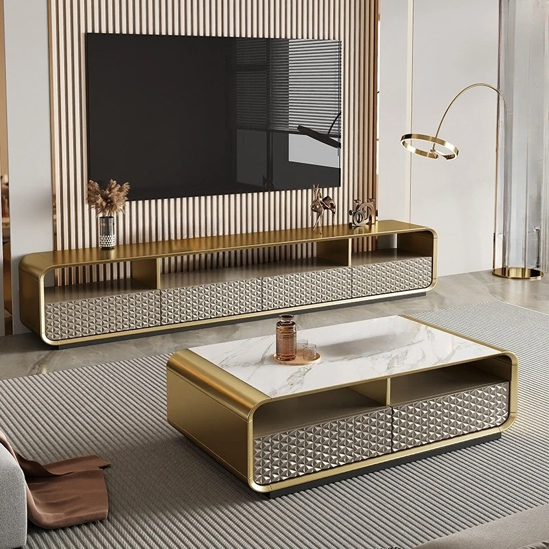 Light luxury TV cabinet coffee table combination modern minimalist living room TV cabinet villa slate solid wood high-end