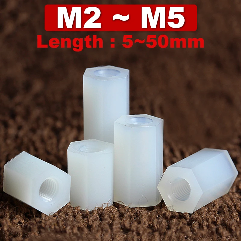 M2 M2.5 M3 M4 M5 Nylon Double Pass Hex Standoff Female Plastic Hexagonal Threaded PCB Motherboard Spacer Pillar Nut White 50pcs