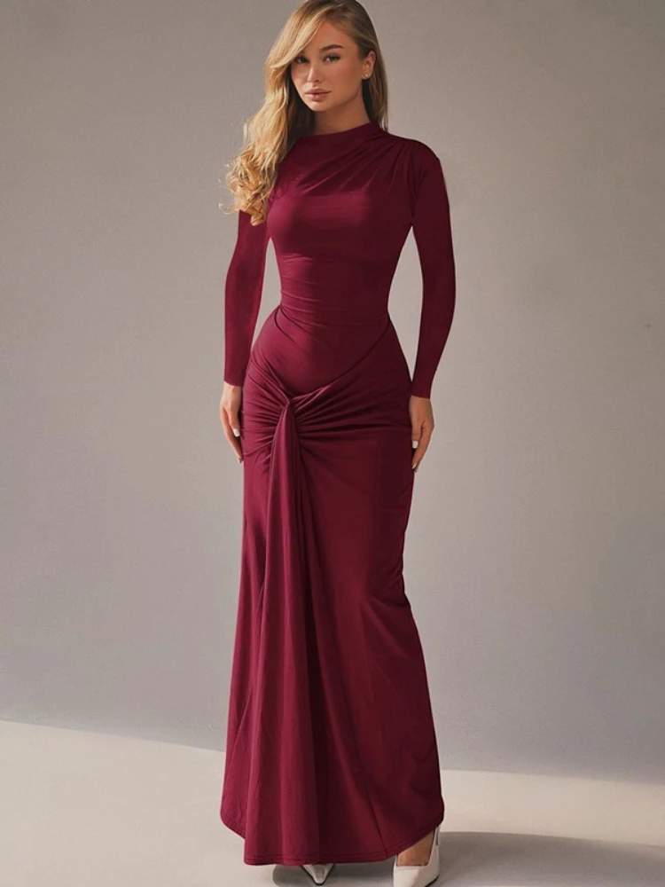 Fdyoui moda manga longa túnicas de cintura alta magro camiseta vestido feminino 2025 outono o-pescoço túnicas ruched sólido longo vestidos de escritório