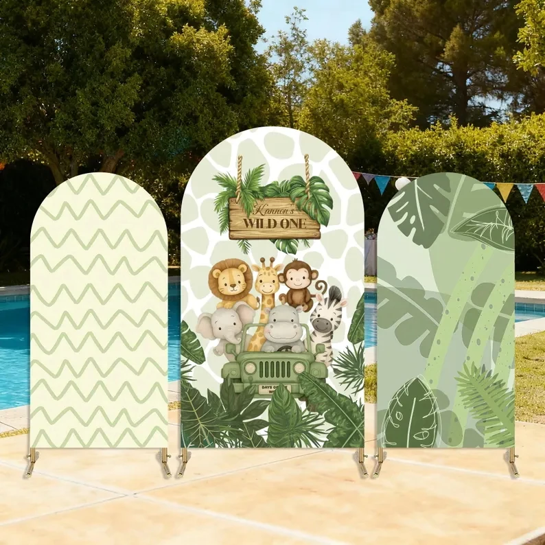 

LS Custom 2-Sided Tropical Jungle Wildlife Palm Tree Boy Birthday Party Baby Shower Cover Chiara Arch Background Decor Backdrop