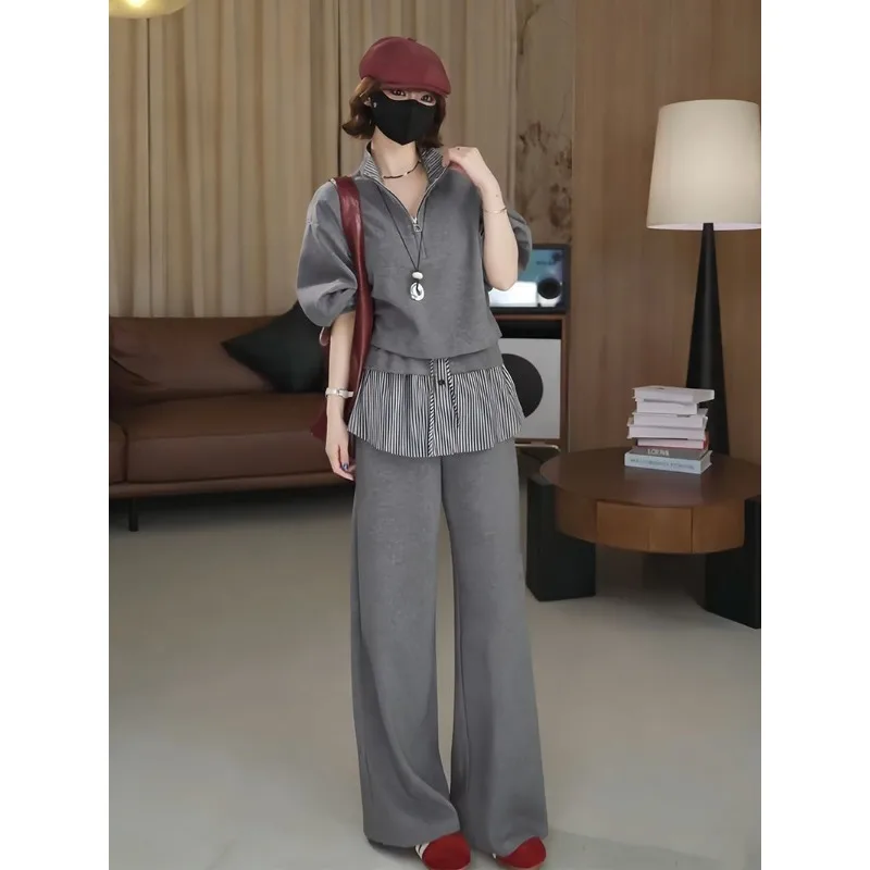 A New Korean-style Retro Relaxed and Fashion Spring Collection Both Stylish Slimming Featuring Half-zipper Hoodie Wide-leg Pants