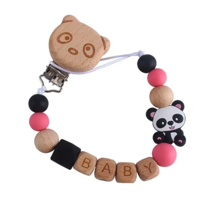 手作りブナ材ベビーおしゃぶりチェーンパンダシリコーンビーズ幼児なだめるおしゃぶりクリップ落下防止ダミーホルダー