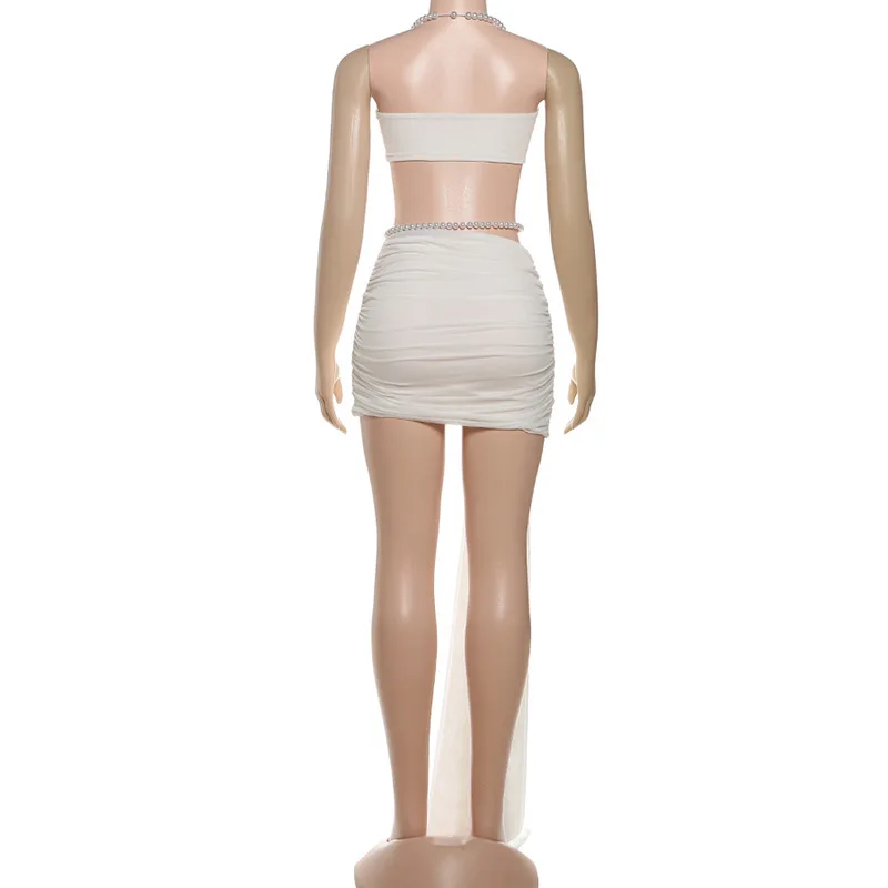 Parels witte galajurk 2-delige rokset sexy mouwloze top bh + korte mini strandvakantie bruiloft gast gewaden feest bruidsjurk