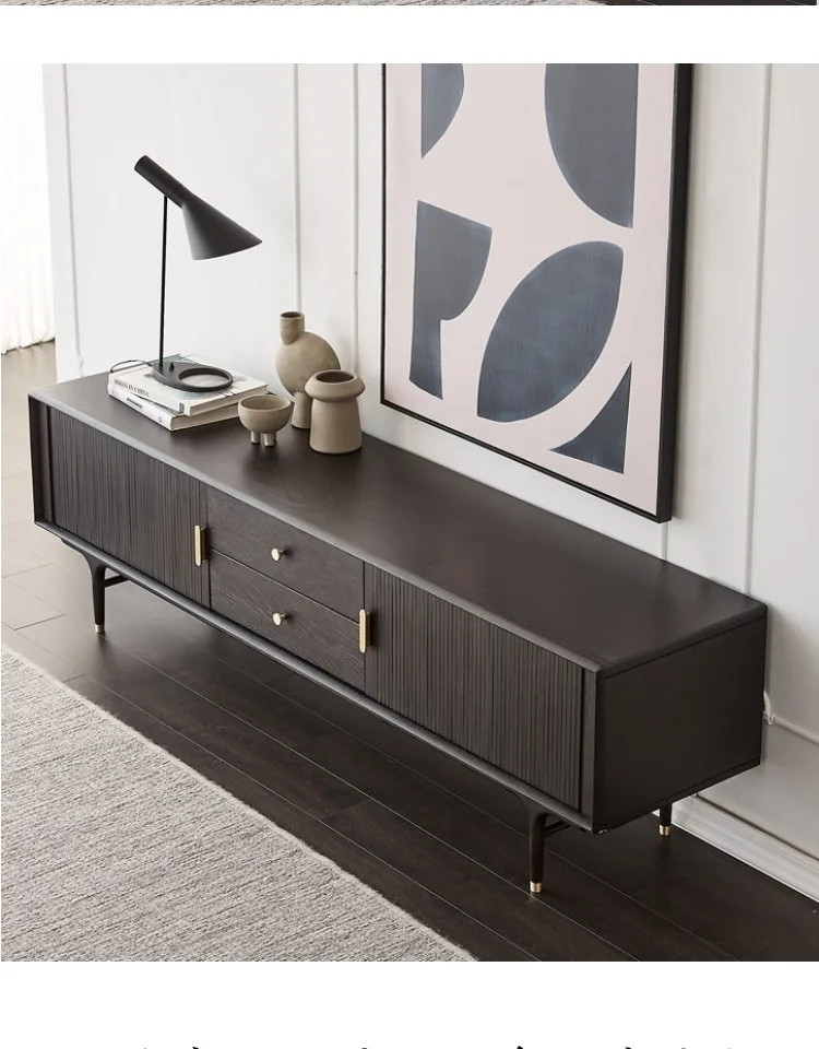 A  Nordic Simple Modern Japanese Medieval Industrial Style American Solid Wood Light Luxury Metal Double Pumping TV Cabinet