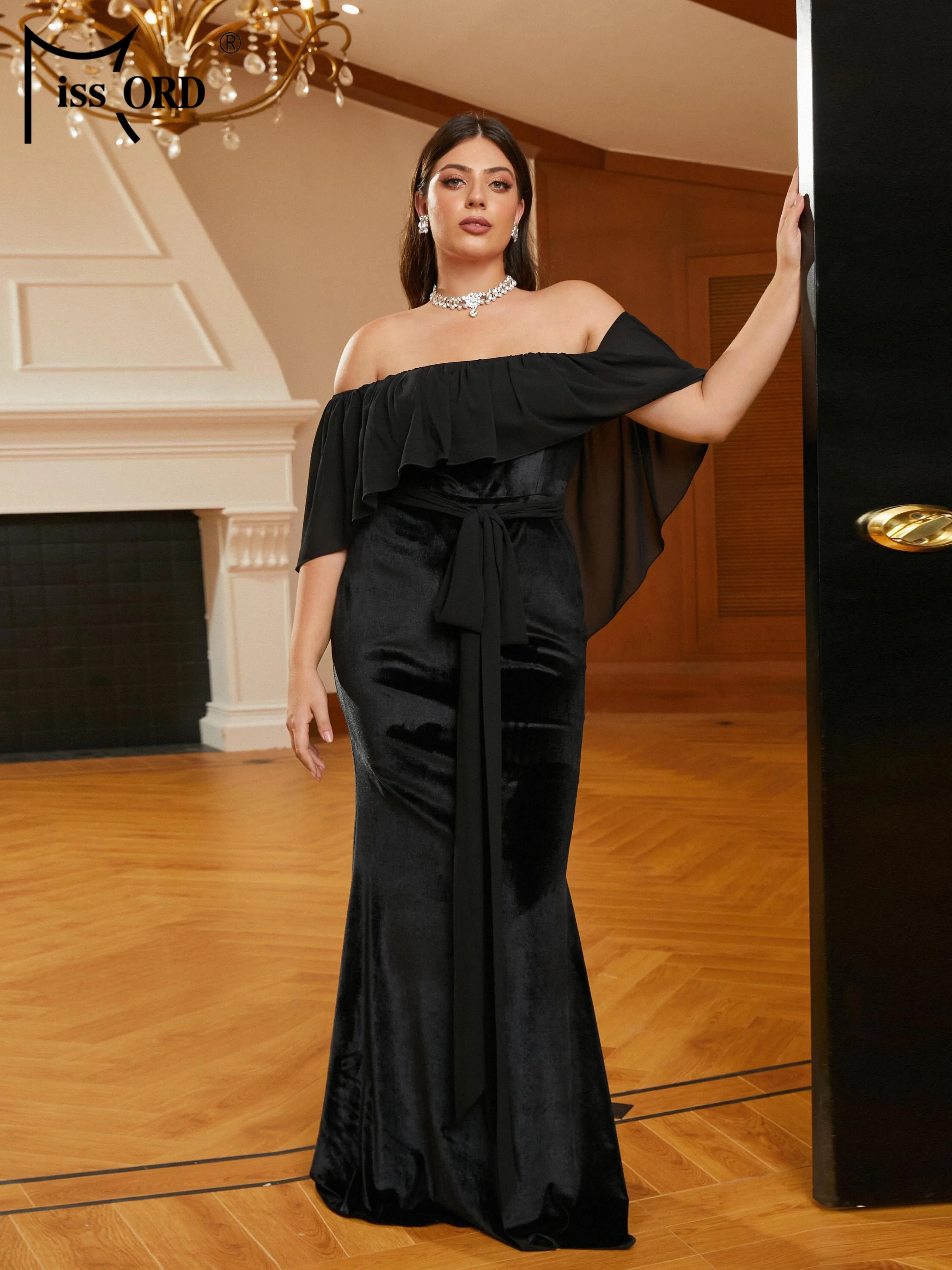 Missord Plus Size Batwing Sleeve Black Off Shoulder Mermaid Evening Dress Formal Occasion Prom Dresses