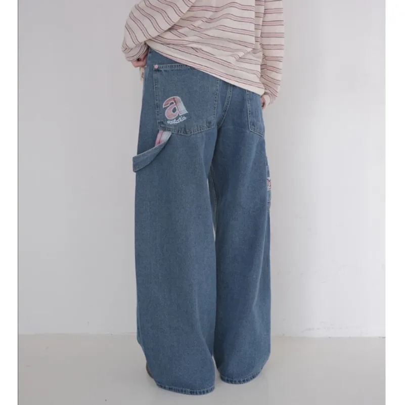 

Loose Fit Denim Jeans with Letter Patchwork Casual Wide Leg Pants Standard Size for All Seasons Blue Cotton Non-Stretch