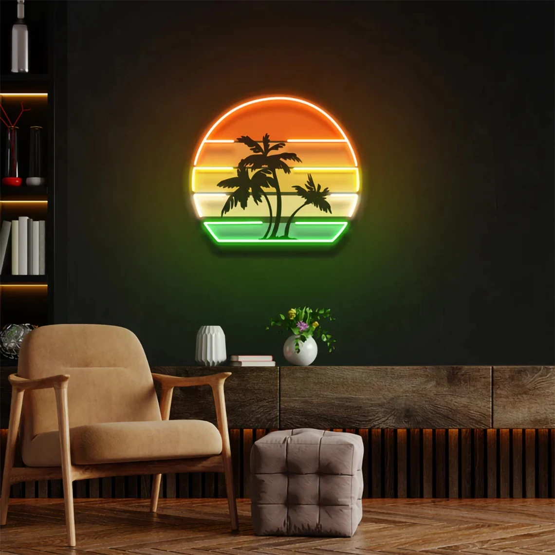 Sunset Neon Sign UV Printed Sunset Sunrise Palm Tree Neon Sea Landscape Artwork Neon Office Home Shop Wall Decor