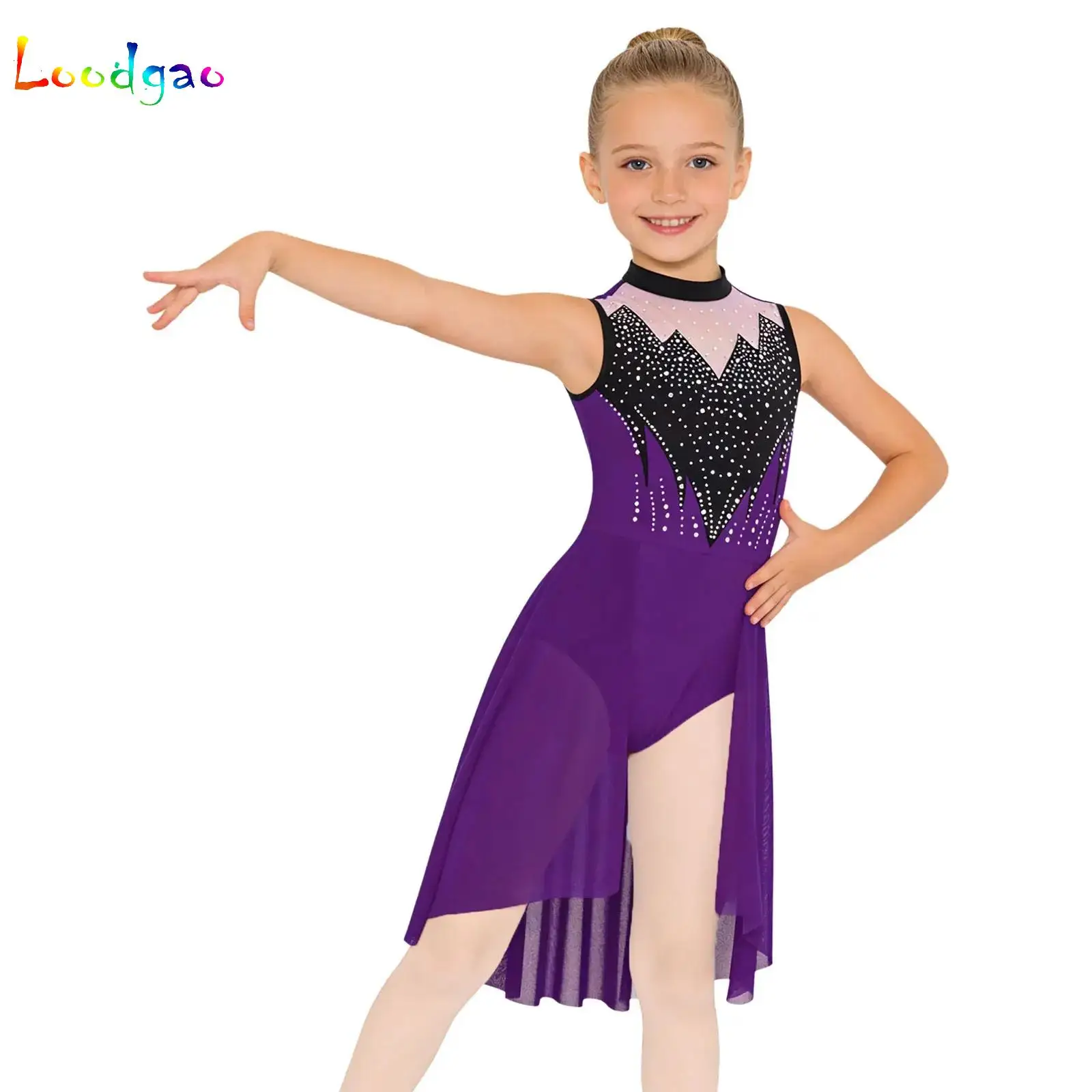 Kids Girls Ballet Dress Shiny Rhinestones Patchwork Mesh Tulle Lyrical Modern Dance Costume Contemporary Leotard Dress Dancewear