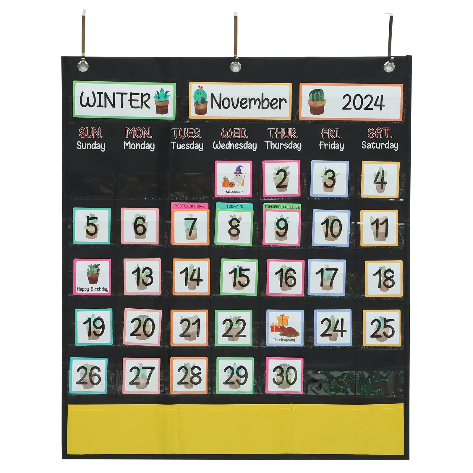 

School Family Weekly Calendar Hanging Bag Kids Weather Chart Cactus Design Large Capacity Storage Pocket Classroom Home