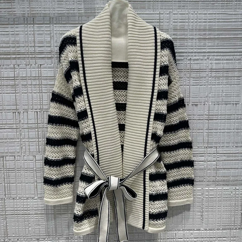 

Women's Striped Knitted Jacket Navy Style Casual Versatile Belt Design Slimming Long Sleeved Top Early Autumn