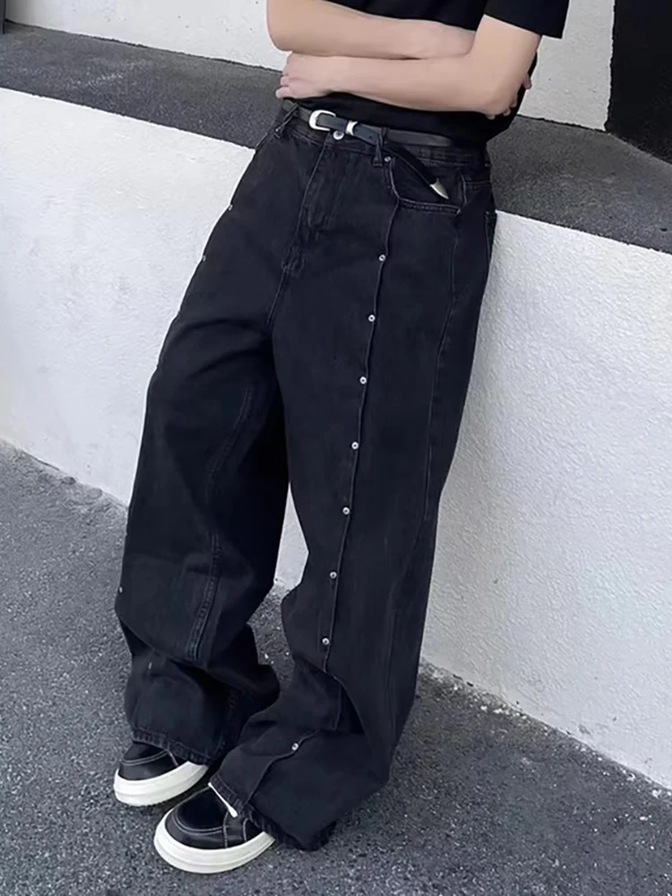 레다치 유니섹스 리벳 스티치 블랙 배기 진 남성 빈티지 워싱 솔리드 오버사이즈 로우라이즈 와이드 스트레이트 팬츠 하이 스트릿 의류