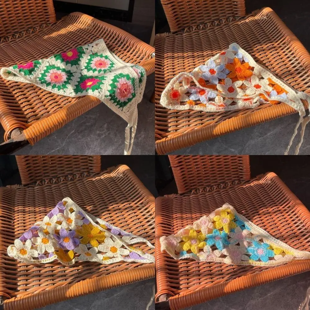 French Pastoral Style Triangle Headband Handmade Crochet Flower Strawberry Headscarf Hat Knitted Girls Headband Towel