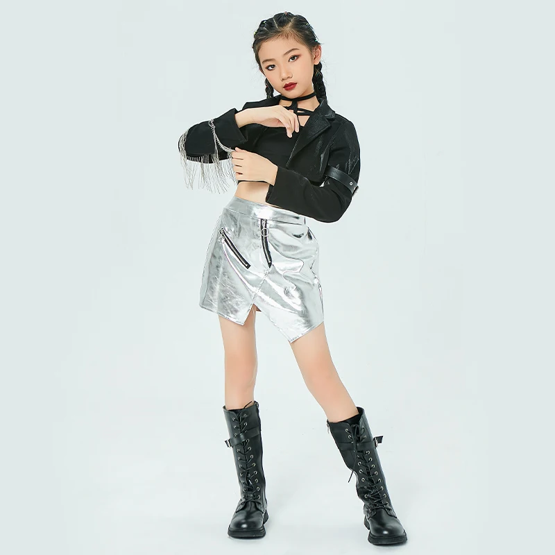 Kleidung Bühne Outfit Kinder moderne Street Dance tragen Jazz Kostüm Fransen jacke Silber Rock Mädchen Hip Hop Leistung