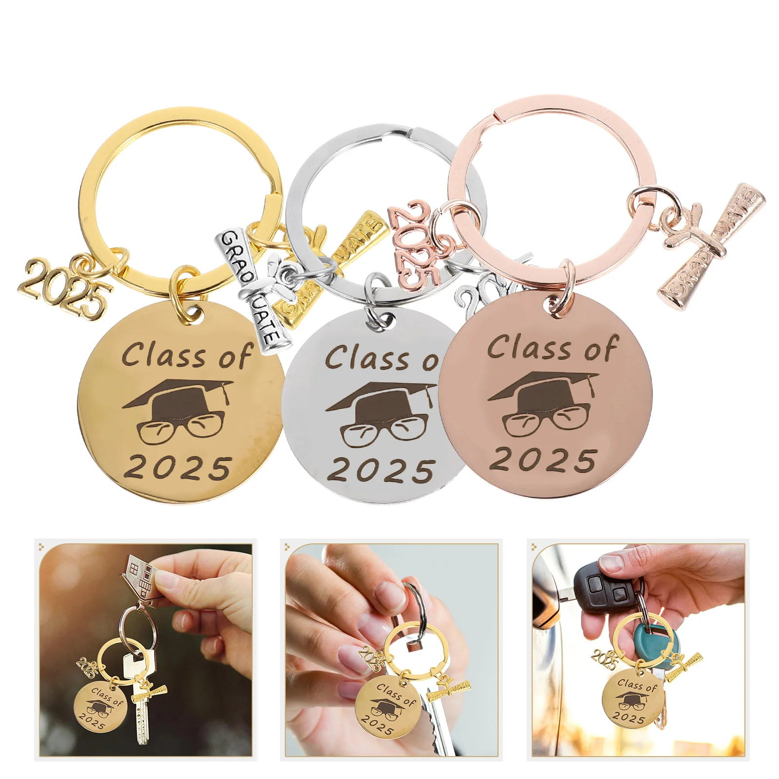 

3pcs Graduation Keychain 2025 Class Stainless Steel Bag Pendant Practical Gift Party Favors School Charms Decorations