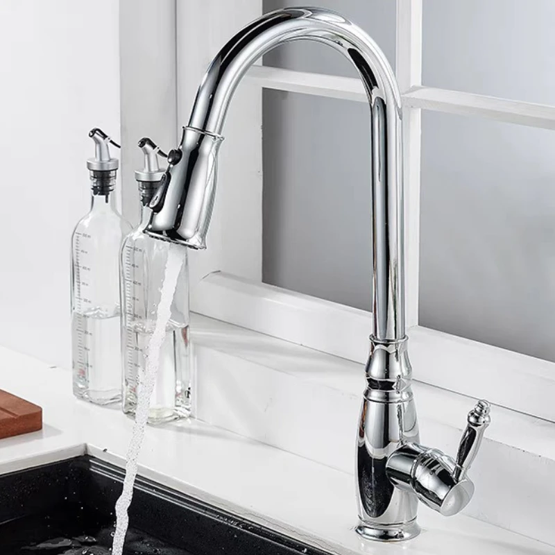 Antique Style Pull-out Hot and Cold Kitchen Faucet Expandable and Rotatable Multifunctional Retro Brass Sink Mixer Faucet