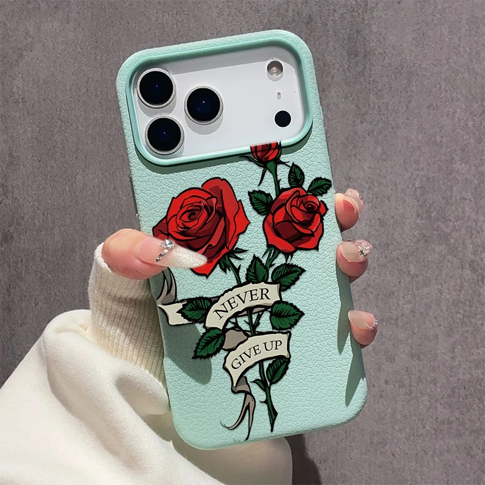 Matte Never Give Up Rose Tattoo TPU Soft Cover for iPhone 12 13 14 15 16 17 18 Pro Max Leather Grain Texture Silicone Phone Case