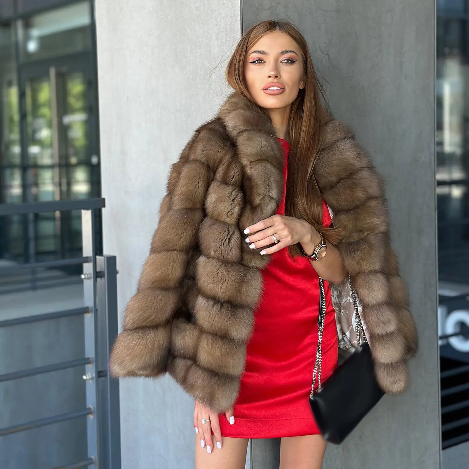 New Elegant Women Real Fox Fur Coat Fashion Mid-Length Natural Fur Thick Outwear Female Winter Genuine Fox Fur Warm Jacket