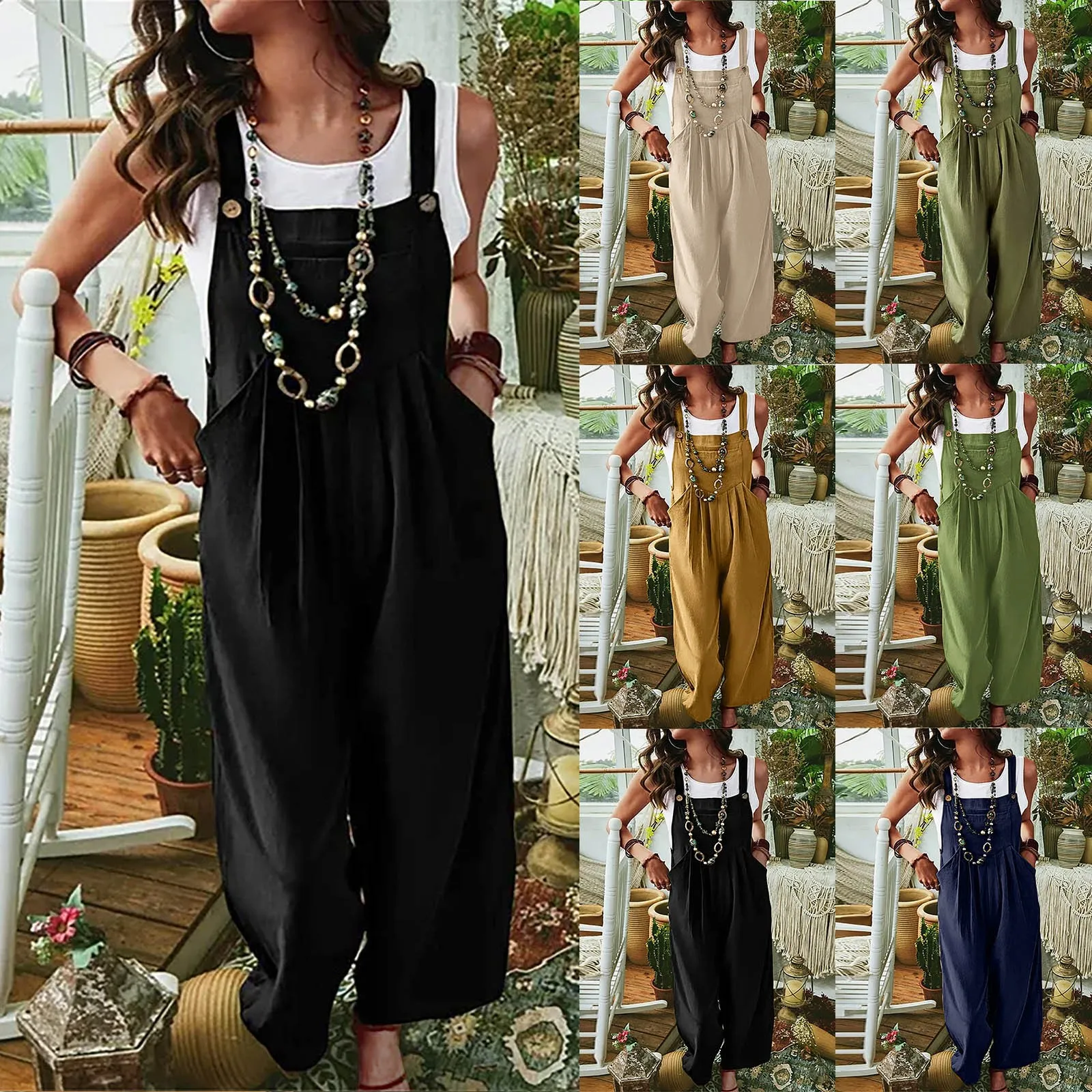 Vintage Cotton Linen Jumpsuit Women 2024 Casual Solid Button Wide Leg Suspender Pants with Pockets Summer Loose Overalls Rompers