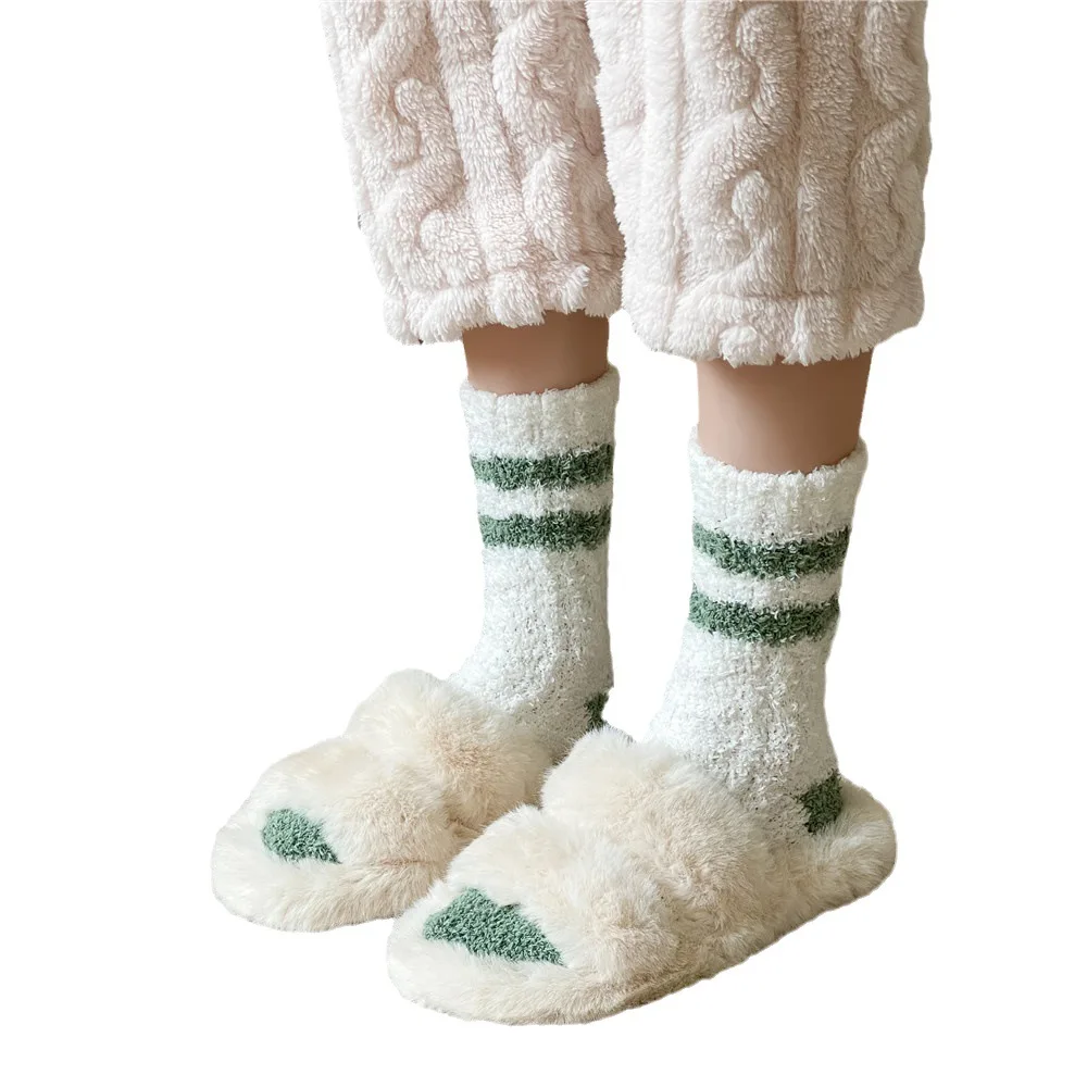 1PR No Lint Coral Fleece Socks Female Winter Velvet Sport Home Floor Socks Sleep Warm Mid-Calf Length Socks Two-Bar