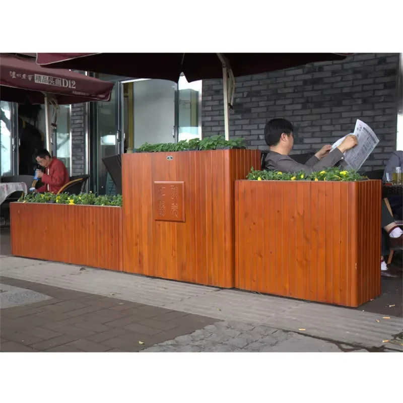 Outdoor Urban Street Furniture Combined Type Large Rectangular Wood Flower Pots Outside Garden Plant Box Out Door Planter Pot