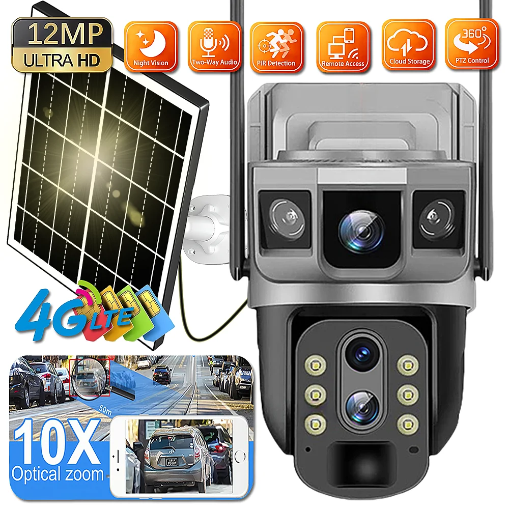 

4G Solar Camera 12MP 6K HD PIR 10x Zoom Built in Battery Night Vision Waterproof Security Video IP Camara Outdoor CCTV Monitor