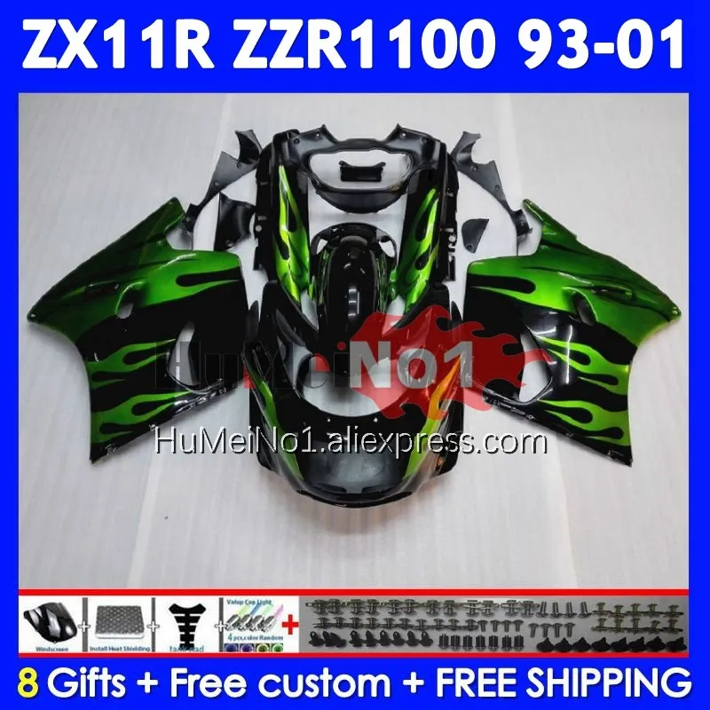 Green Flames ZZR1100 For KAWASAKI NINJA ZX 11R ZX11 R 93 94 95 96 97 223No.0 ZX-11R ZX11R ZZR 1100 1998 1999 2000 2001 Fairing