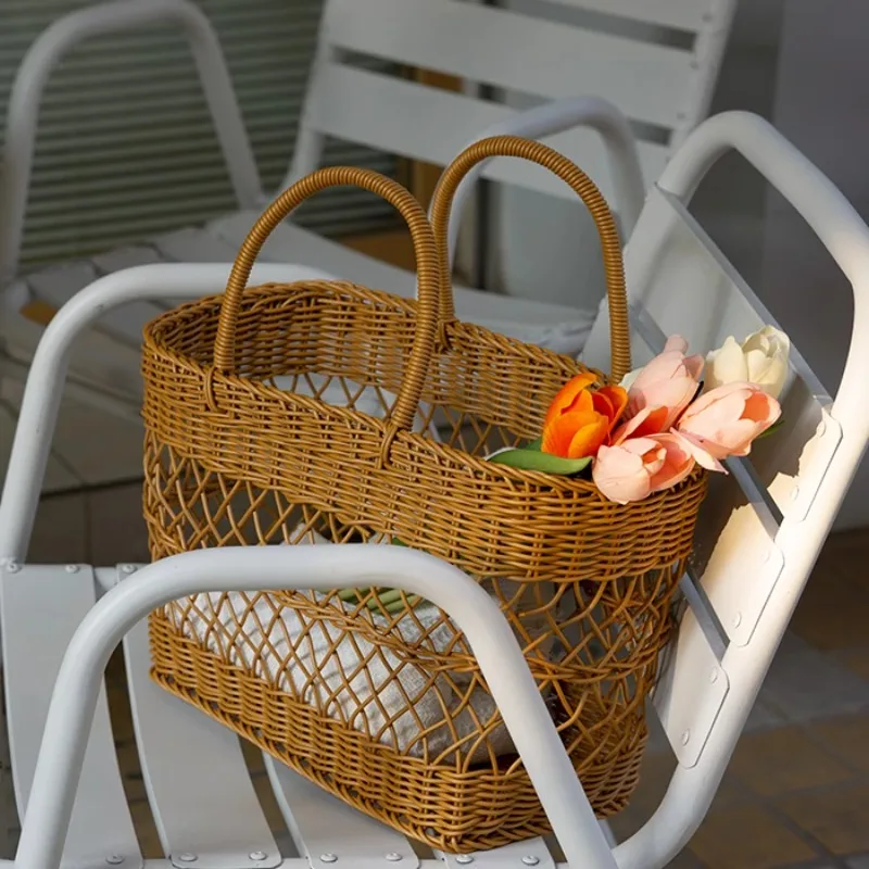 

Rattan Woven Handmade Tote Basket Floral Planter Storage Organizer Bohemian Farmhouse Home Decor Garden Party Photography Props
