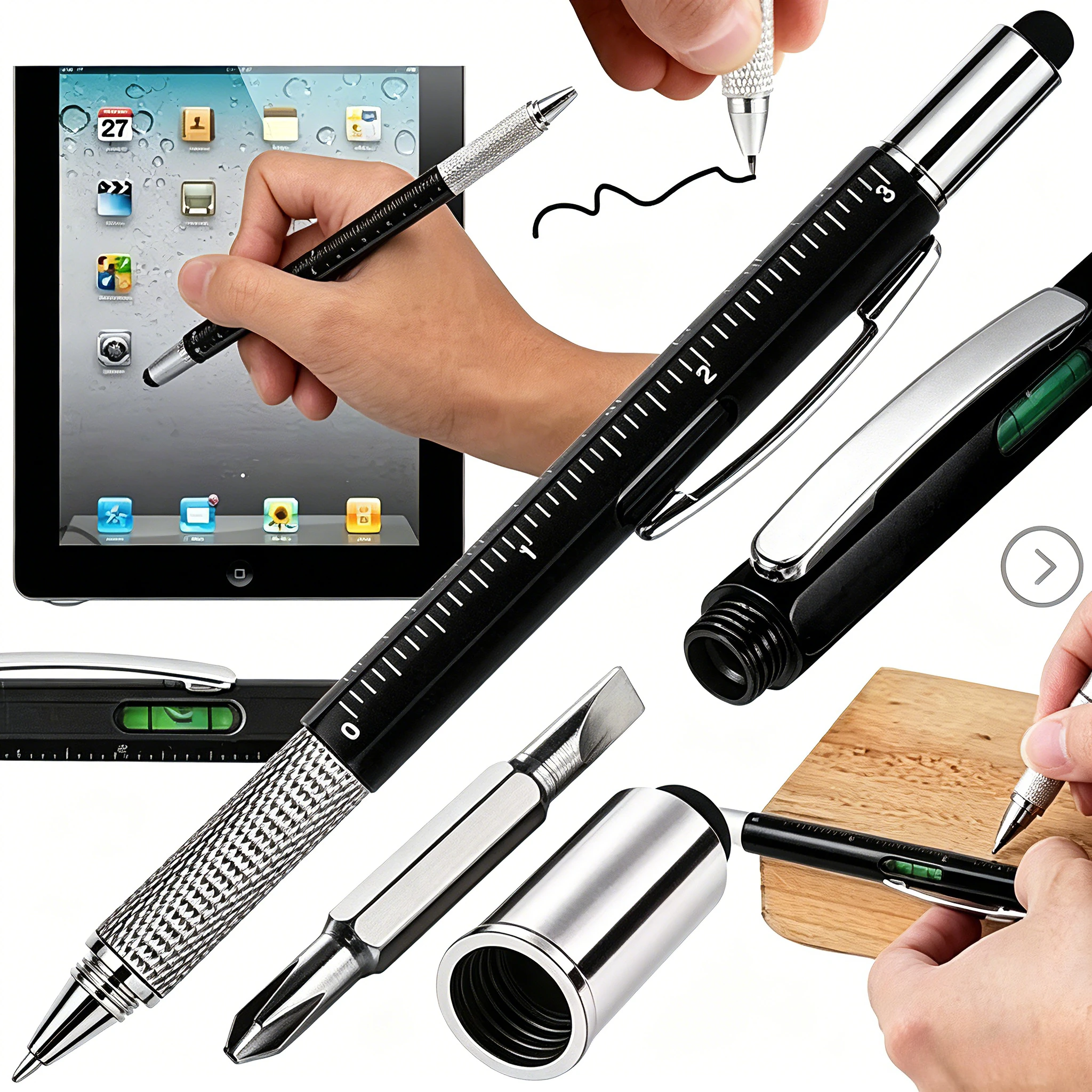 6 in 1 Multifunction Tool Pen Metal Stylus Ballpoint with Ruler Spirit Level Screwdriver Capacitive Touch Screen Portable Gift