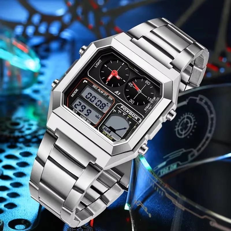 Foxbox relógio eletrônico masculino moda calendário luminoso à prova dwaterproof água pulseira de aço inoxidável despertador esportes relógios digitais + caixa