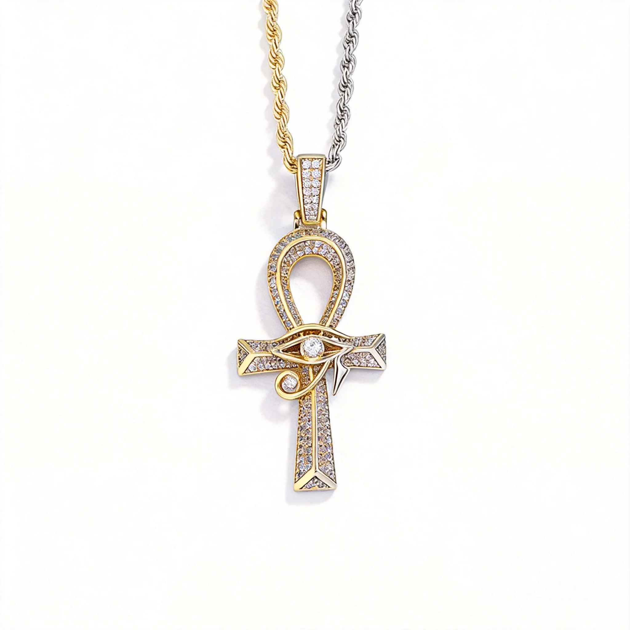 Iced Out Ancient Egyptian Eye Of Horus Ankh Cross Pendant Necklace Premium Copper Inlaid Sparkling Zircon Vintage Hip Hop Lucky