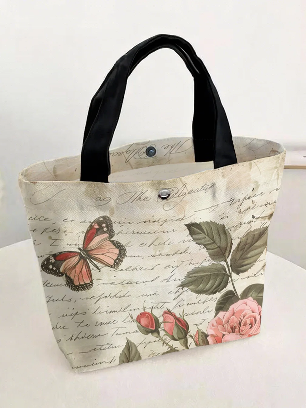 Vintage Letter Rose Butterfly Print Tote Bag With Snap Button For Shopping Travel Daily Use