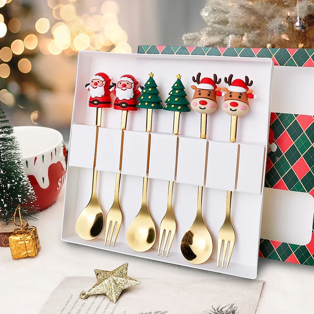 2/4/6Pcs Stainless Steel Creative Tableware Coffee Tea Dessert Forks and Spoons Gift Set Christmas Fork and Spoon Set