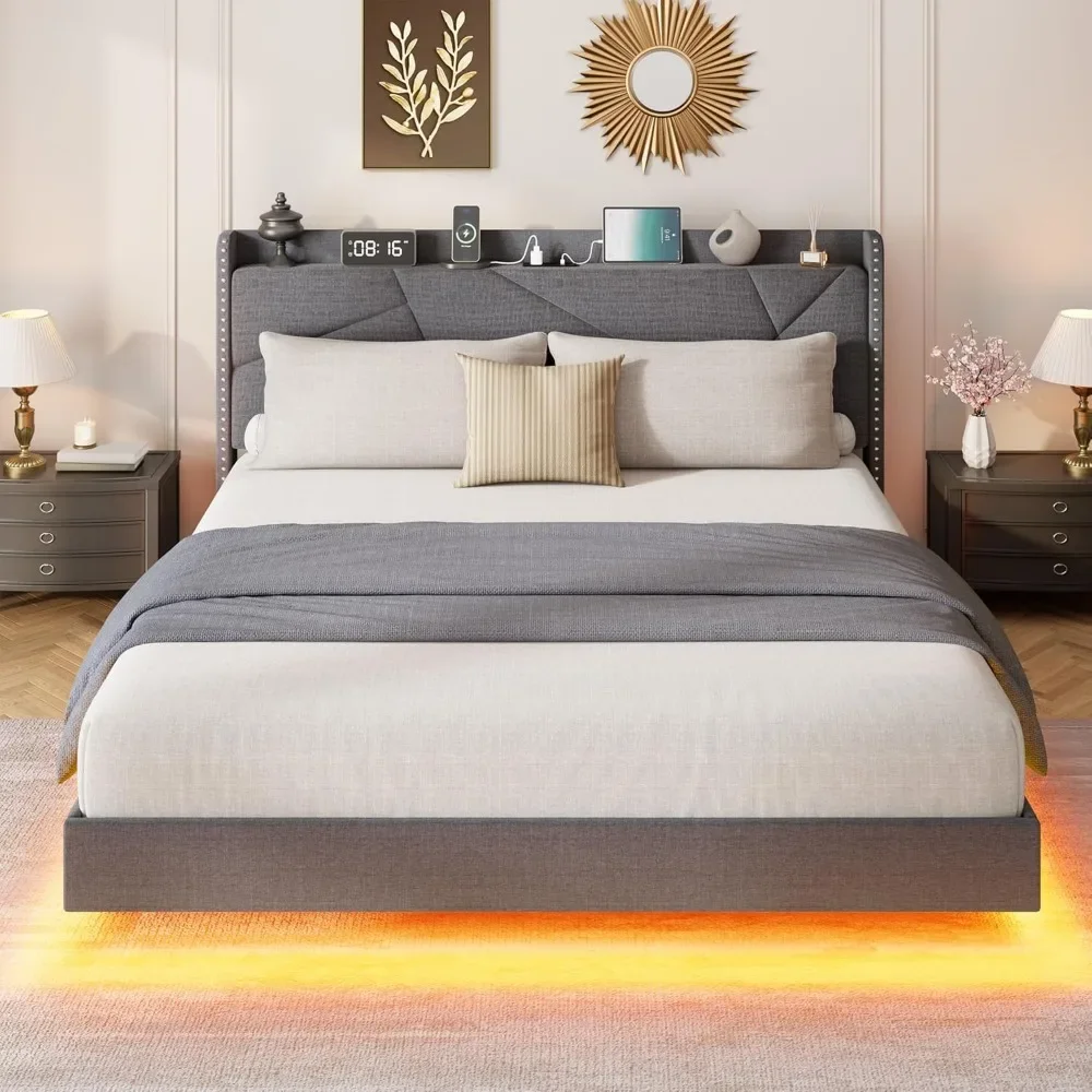 

LED Full Size Bed Frame W/Charging Station, Upholster Platform Bed W/Storage Headboard Fold Shelve Storage, Metal Slat Support